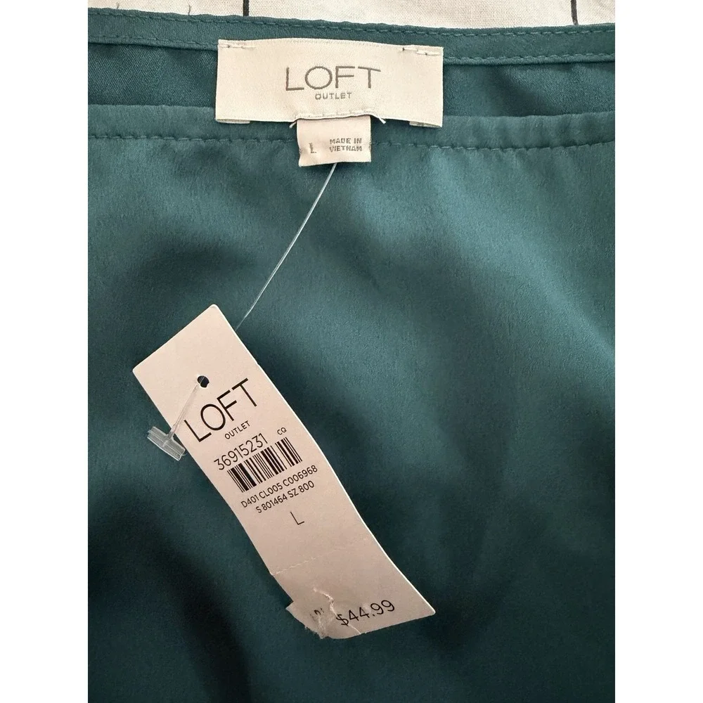 LOFT Satin Puff Short Sleeve Blouse Top Women's Size L Blue Green Ruffled Cuff